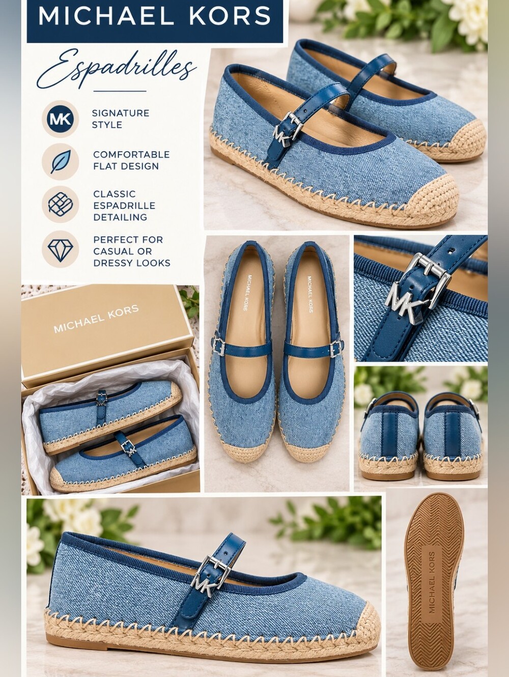NIB Michael Kors Denim Blue Mary Jane Espadrille Flats